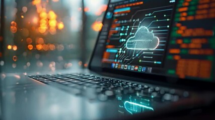 This Laptop screen showing a cloud computing icon. Digital desktop, cloud storage - Powered by Adobe