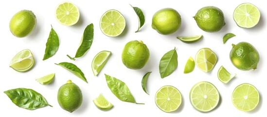 Fresh lime and slice collection on a white background.