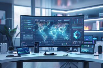 A modern workspace with a large curved monitor displaying an intricate data map, surrounded by various digital devices connected wirelessly.
