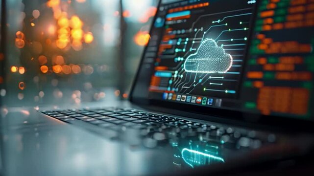 This Laptop screen showing a cloud computing icon. Digital desktop, cloud storage
