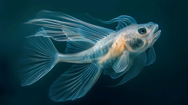 Beneath frozen water of Lake Baikal ethereal beauty of Baikal oilfish revealed through lens of macrophotography setup Using specialized lighting technique translucent body of deepsea fish glow