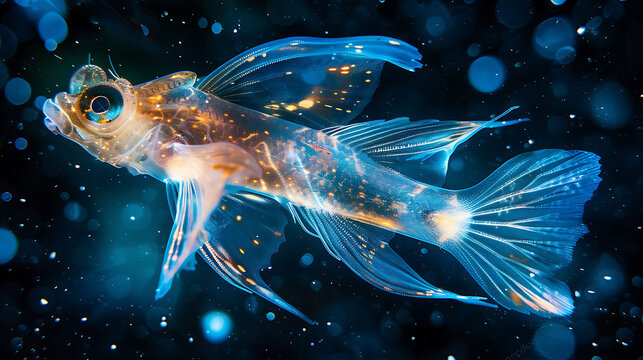 Beneath frozen water of Lake Baikal ethereal beauty of Baikal oilfish revealed through lens of macrophotography setup Using specialized lighting technique translucent body of deepsea fish glow
