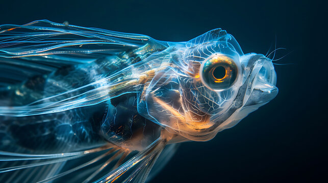 Beneath frozen water of Lake Baikal ethereal beauty of Baikal oilfish revealed through lens of macrophotography setup Using specialized lighting technique translucent body of deepsea fish glow