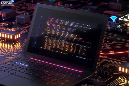 A sleek laptop displaying lines of JavaScript code on a vibrant virtual screen, set against a backdrop of glowing circuit boards and interconnected IoT devices.