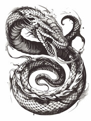 Obraz premium A snake with a long body and a long tongue. The snake is black and white. The snake is curled up and has a mouth open