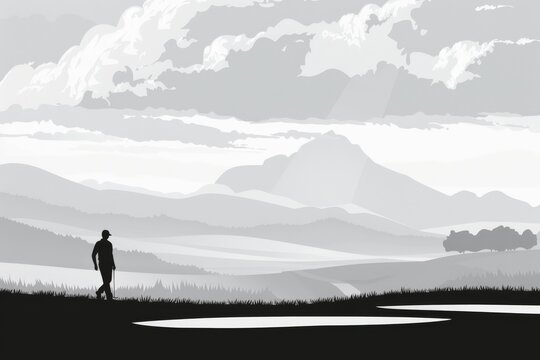 Animated storyboard in grayscale of a golfer, sports illustrations in an animatic style