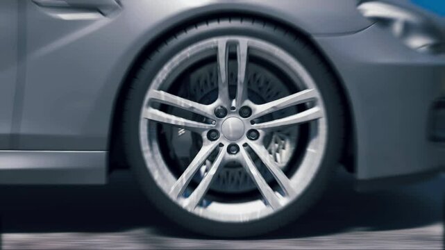 car wheel in close-up driving on the road 3d render