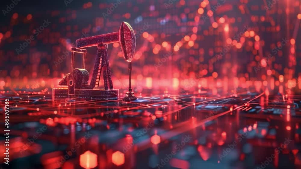 Poster a close-up, digital illustration of an oil rig illuminated against a red background with blurred out