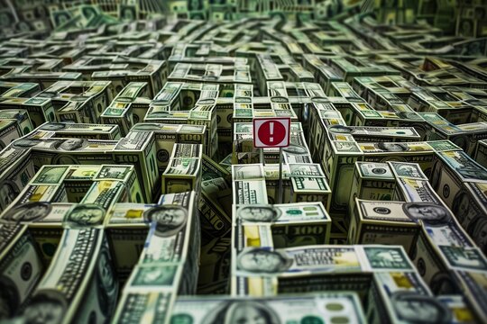 An intricate maze made of USD bills, with an exit sign at the far end representing the difficult path out of recession and inflation.
