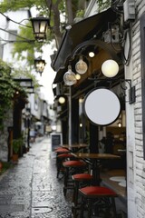 Fototapeta premium circle mockup of street store template signboard on empty wood wall 