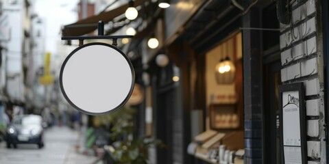 Blank white outdoor round box mockup wall mounted, sky background. Empty advert signplate on textured wal mock up. Clear circle billboard for shop logotype mokcup template.