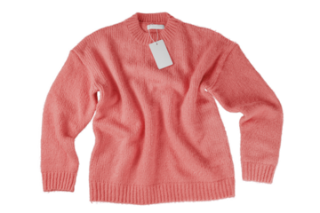 Red flying crumpled women autumn knitted sweater with blank label tag isolated on white, transparent  background. Creative clothing concept, cozy creasy jersey pullover. Fashion template, mockup