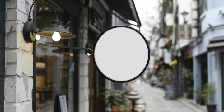 Blank white outdoor round box mockup wall mounted, sky background. Empty advert signplate on textured wal mock up. Clear circle billboard for shop logotype mokcup template.