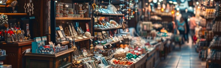 Busy market stall with various items