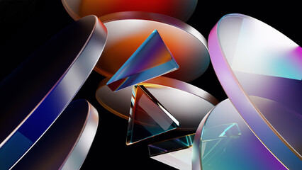 Vibrant 3D glass shapes with reflections and refractions