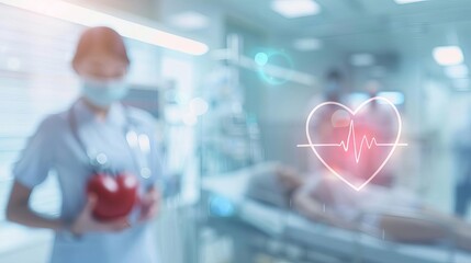 Heart Medic Focus on a heart monitor displaying a heartbeat, with a patients chest being examined, with a hospital room background, empty space right for text