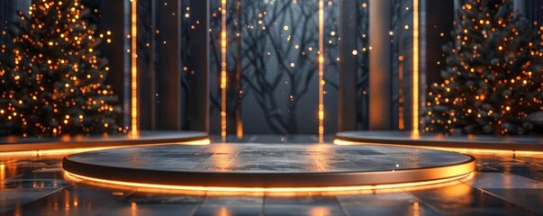 Modern 3D podiums with a metallic finish and embedded LED lights, creating a dynamic and futuristic Christmas display area