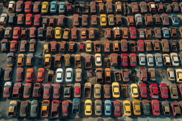 Fototapeta premium An ultra-realistic aerial view of a scrap yard with meticulously arranged rows of old cars at Fremantle Port, Perth, Australia