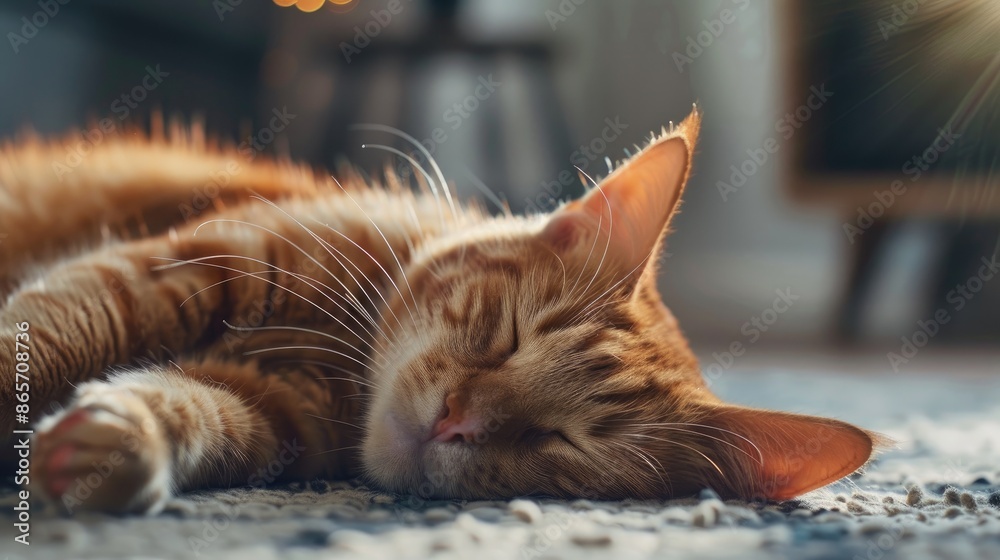 Poster Relaxed pet resting on the floor in a cozy indoor setting