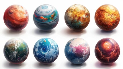 Cartoon planets set on a space background. Colorful items isolated on a white background.