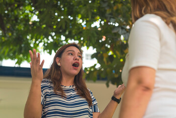 Two women engage in a heated debate. A disagreement between two friends.