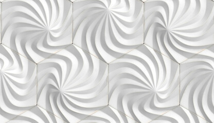 3D illustration of relief 3D panels in the form of hexagons with wavy structure made of different materials of colors green chrome metal and gray leather.