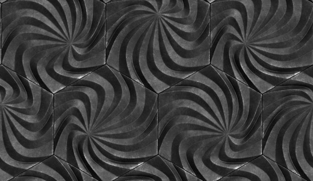 3D illustration of relief 3D panels in the form of hexagons with wavy structure made of different materials of colors green chrome metal and gray leather.