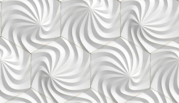 3D illustration of relief 3D panels in the form of hexagons with wavy structure made of different materials of colors green chrome metal and gray leather.