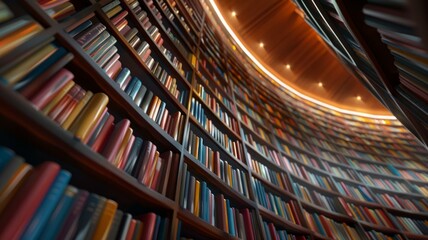 Obraz premium Curved bookshelf filled with colorful books in a modern library with warm ambient lighting