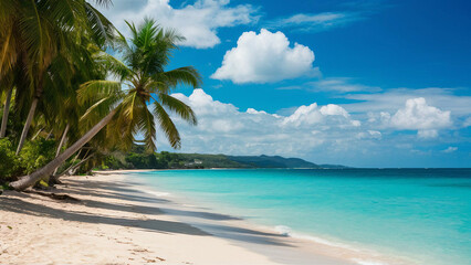 Obraz premium Scenic Beach with Sandy Shores, Palms, and Blue Waters in the Caribbean Islands
