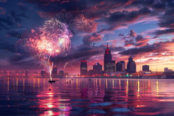Fototapeta premium Vibrant 4th of July fireworks over Detroit's skyline reflect in water, with a surreal purple sunset that enhances urban themes and festive events in social media and advertising.