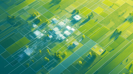 Obraz premium Aerial view of a solar farm with rows of panels amidst green fields during sunrise, showcasing renewable energy.