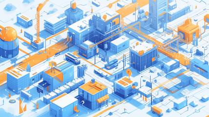 Isometric illustration of an urban industrial area with blue and orange buildings, roads, and vehicles. Modern design, suitable for cityscape and infrastructure themes.

