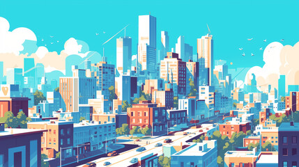 Naklejka premium A vibrant and colorful illustration of a bustling cityscape with skyscrapers, urban buildings, and clear blue skies.