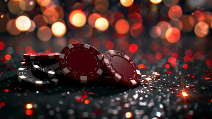  Poker chips on glittery surface with bokeh lights in background for casino, gambling and gaming concepts