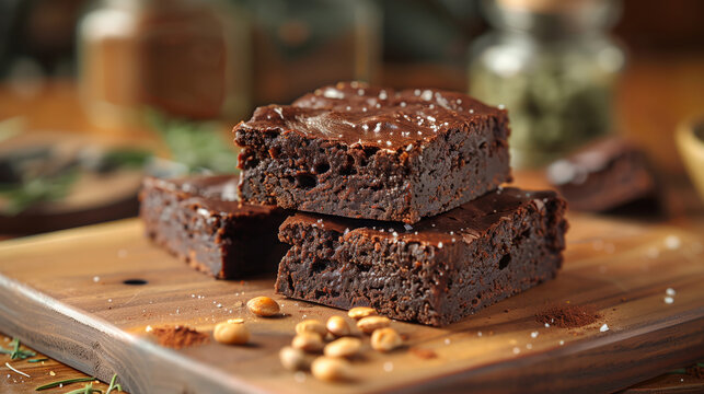 A close-up view of three chocolate brownies stacked on a wooden cutting board.