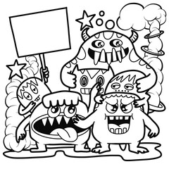 Hand-drawn illustrations, monsters doodle, Hand Drawn cartoon monster illustration,Cartoon crowd doodle hand-drawn Doodle style.black and white stripes coloring  book.