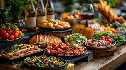An enticing display of gourmet food arranged on wooden boards at a buffet.