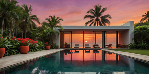 Fototapeta premium swimming pool at sunset in hotel