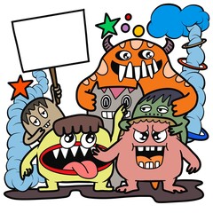 Hand-drawn illustrations, monsters doodle, Hand Drawn cartoon monster illustration,Cartoon crowd doodle hand-drawn Doodle style.