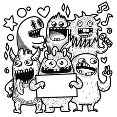 Fototapeta premium Hand-drawn illustrations, monsters doodle, Hand Drawn cartoon monster illustration,Cartoon crowd doodle hand-drawn Doodle style.black and white stripes coloring book.