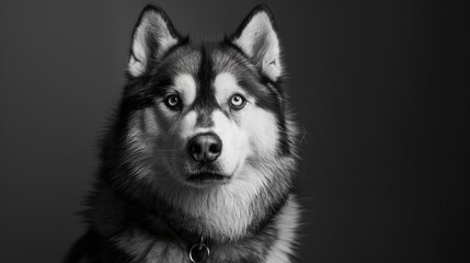Obraz premium Close up photo of Alaskan Malamute dog with black and white fur sitting in studio and gazing at the camera