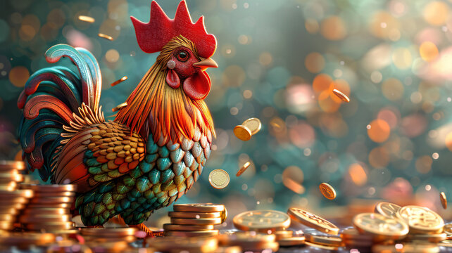 Colorful rooster surrounded by flying golden coins and bokeh lights