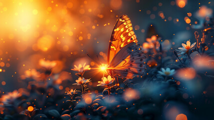 Butterfly on a flower at sunset, capturing the serene beauty of nature.