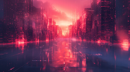 Futuristic cityscape with glowing neon lights reflecting on wet surfaces, capturing a vibrant cyberpunk aesthetic.