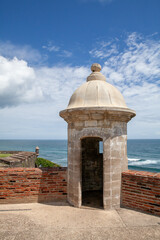 Old Sentry Box on Curtain Wall at National park Castillo San Felipe del Morro Fortress in old San Juan, Puerto Rico, a UNESCO site