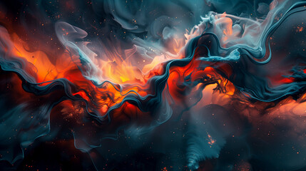 Abstract fluid art with vibrant orange and blue hues, resembling cosmic activity or a fiery nebula