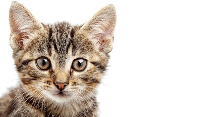 Tabby kitten with adorably cute appearance set against plain white backdrop