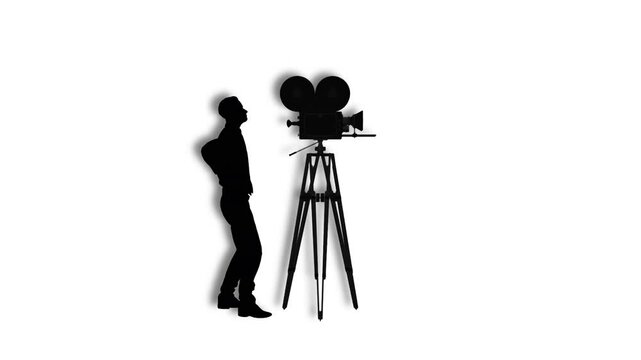 Film director with vintage camera silhouette