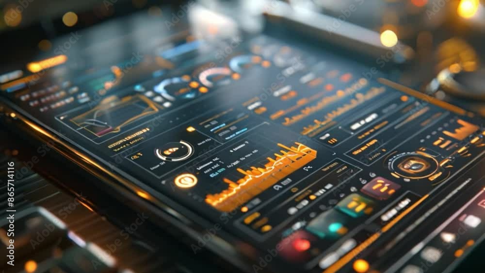 Poster This Close-up shot of a smartphone screen displaying futuristic data and graphs.